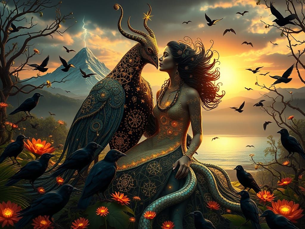 Demon Peacock Creature Meets Stardust Woman in Surreal Garde...