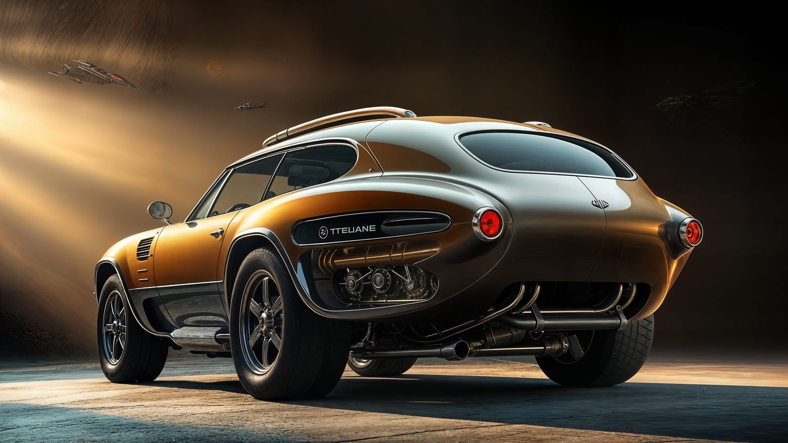 A sleek, aerodynamic 1960 concept Sport utility vehicle with a futuristic twist, featuring a bulbous, curved body, chrom...