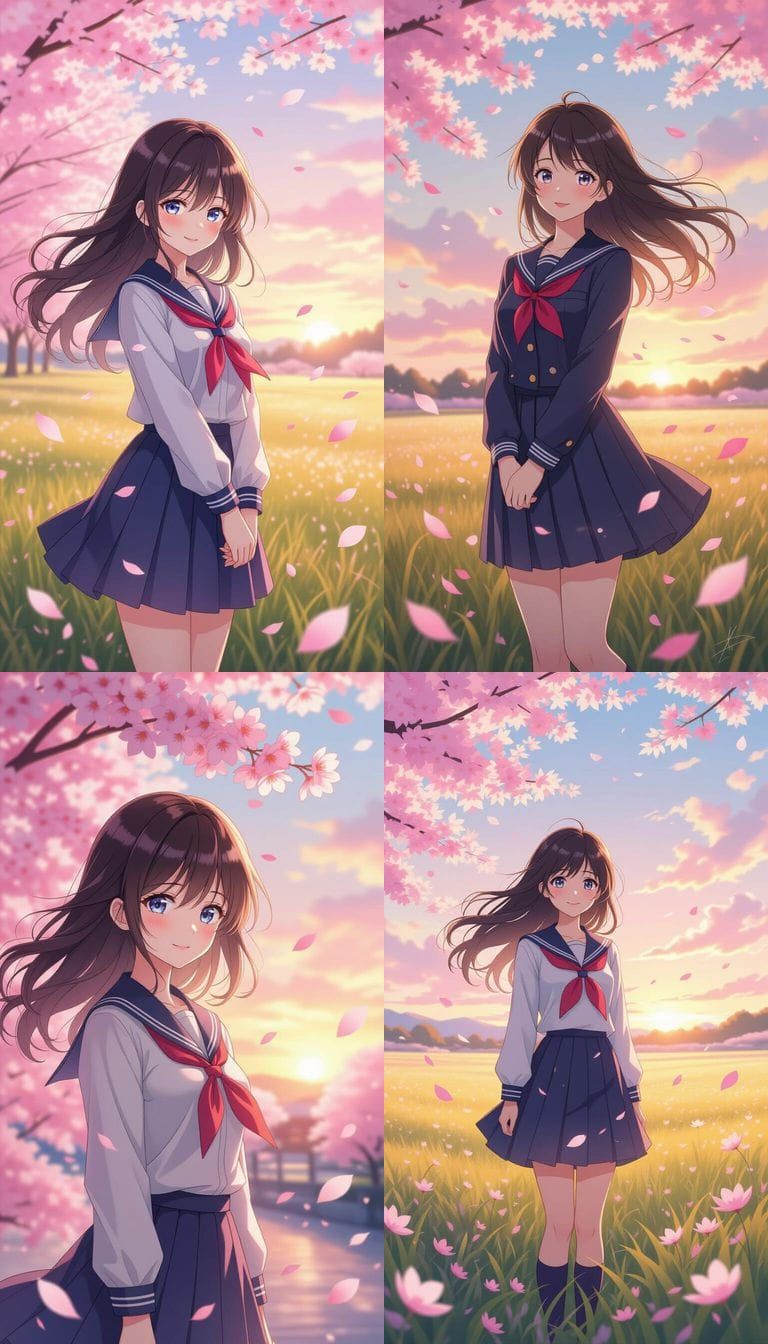 Anime Girl in Sakura Field with Soft Sunset Lighting
