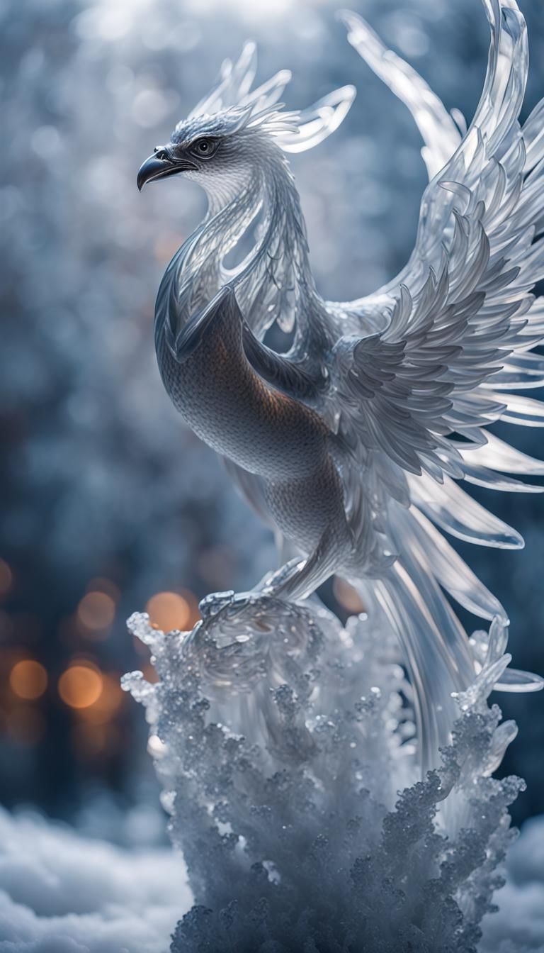 Shimmering Crystal Ice Phoenix Sculpture in 8K