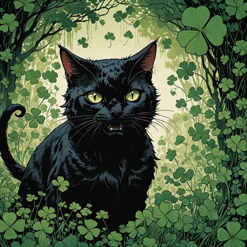 Black Cat Hissing at Clover in Cel-Shaded Style