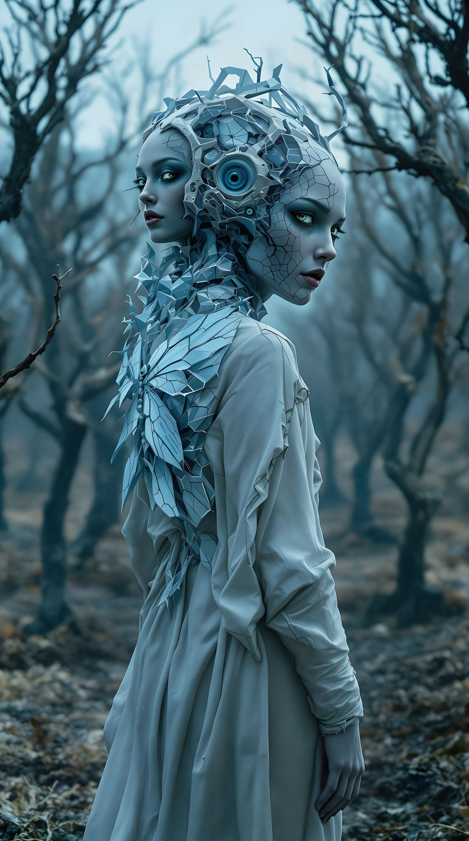 Surreal Woman in Scorched Orchard, Cinematic Style