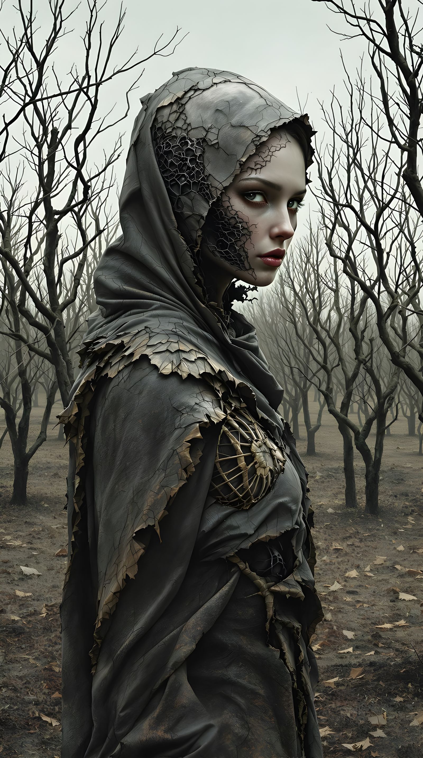 Dystopian Figure in Scorched Orchard, Digital Art