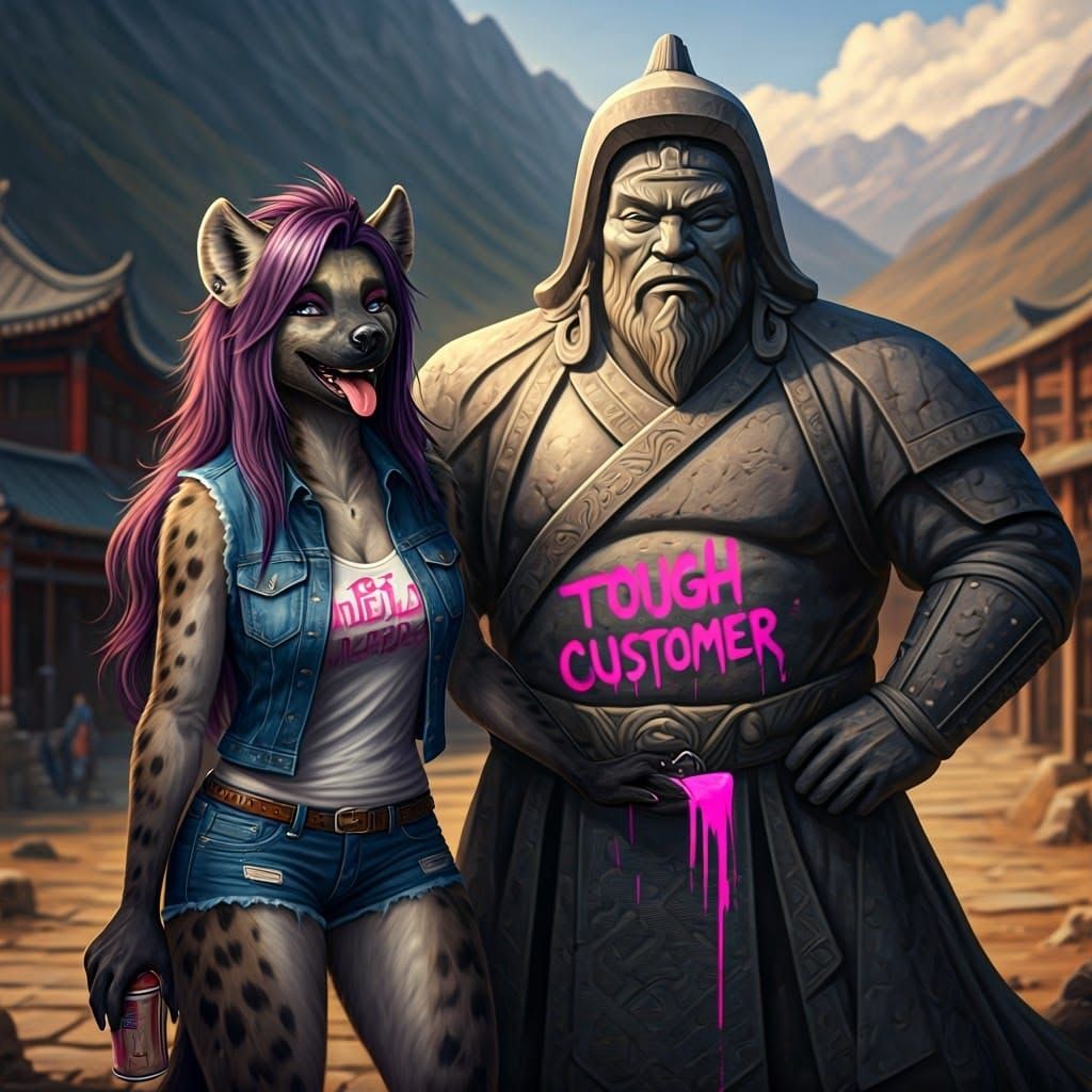 Feminine She-Hyena Defies Mongolian Icon in Vibrant Street A...