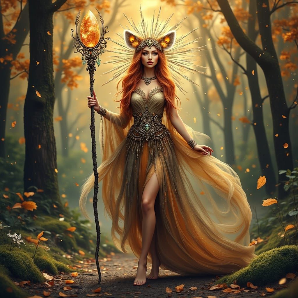 Red Panda Druid with Sunstone Headdress in Forest