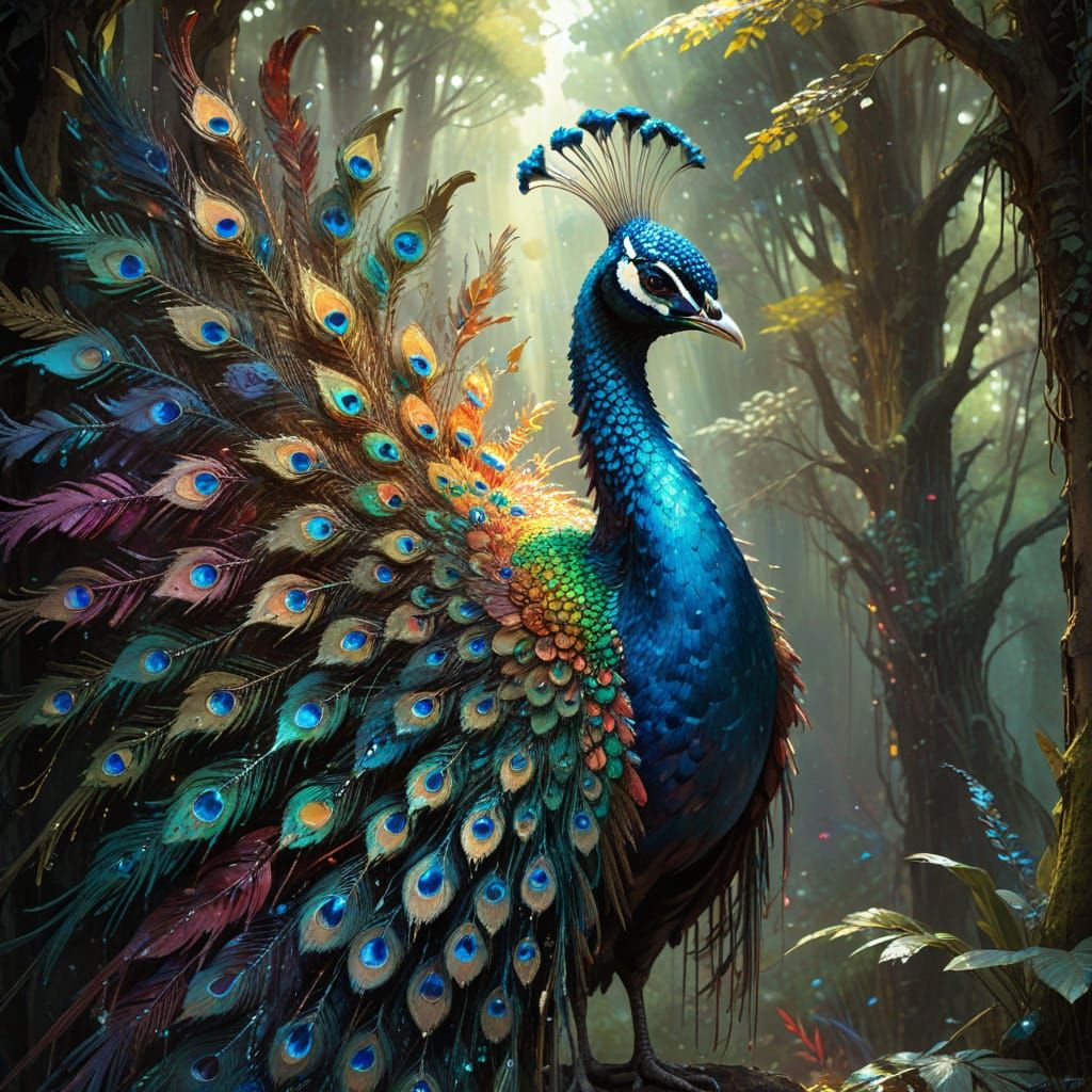 Rainbow Peacock in Stained Glass Forest