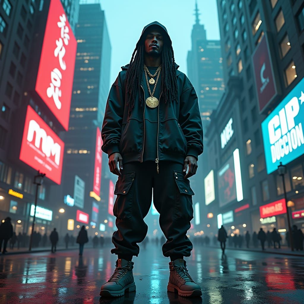 Gritty Dystopian Figure in Neon-Lit Metropolis