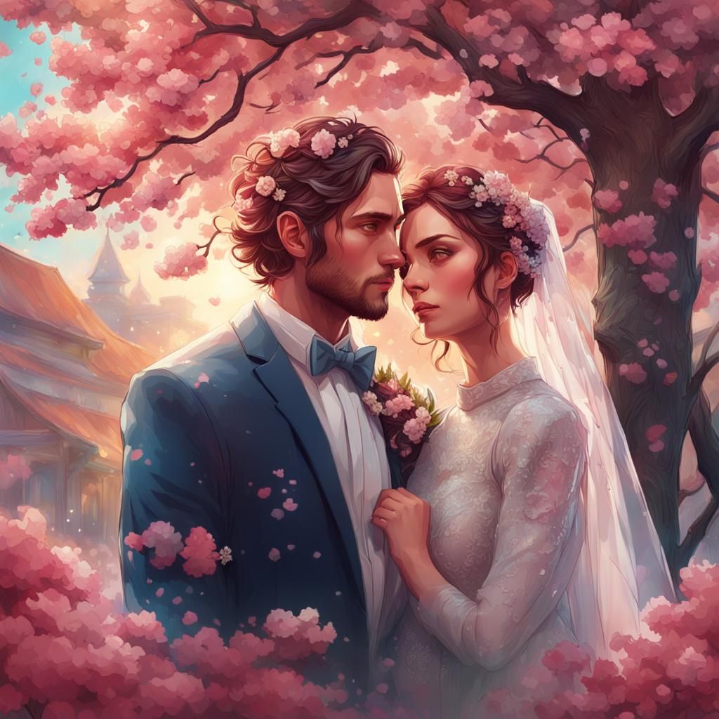 Romantic Couple Under Blossom Tree, Hyperdetailed Portrait