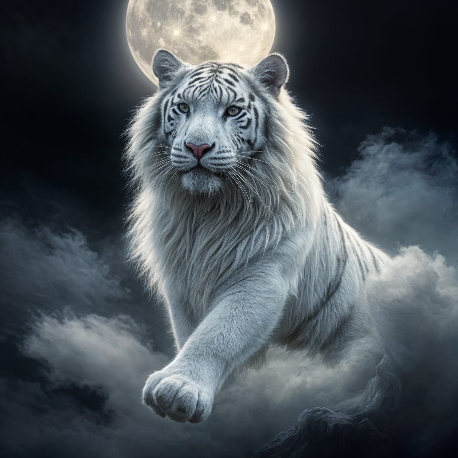 Majestic White Tiger Under Dark Moonlit Sky with Ethereal Cl...