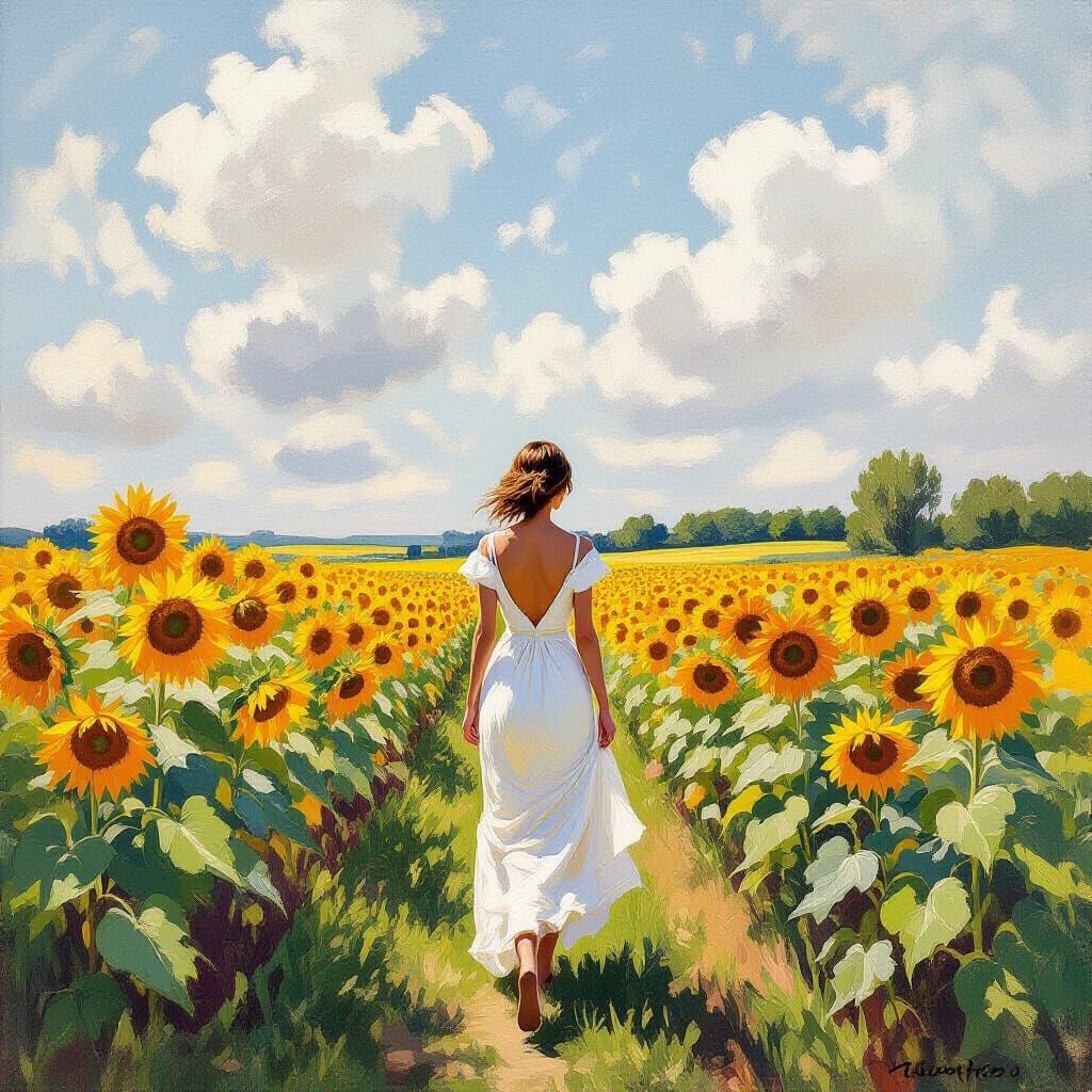 Woman in Sunflower Field: Impressionist Style