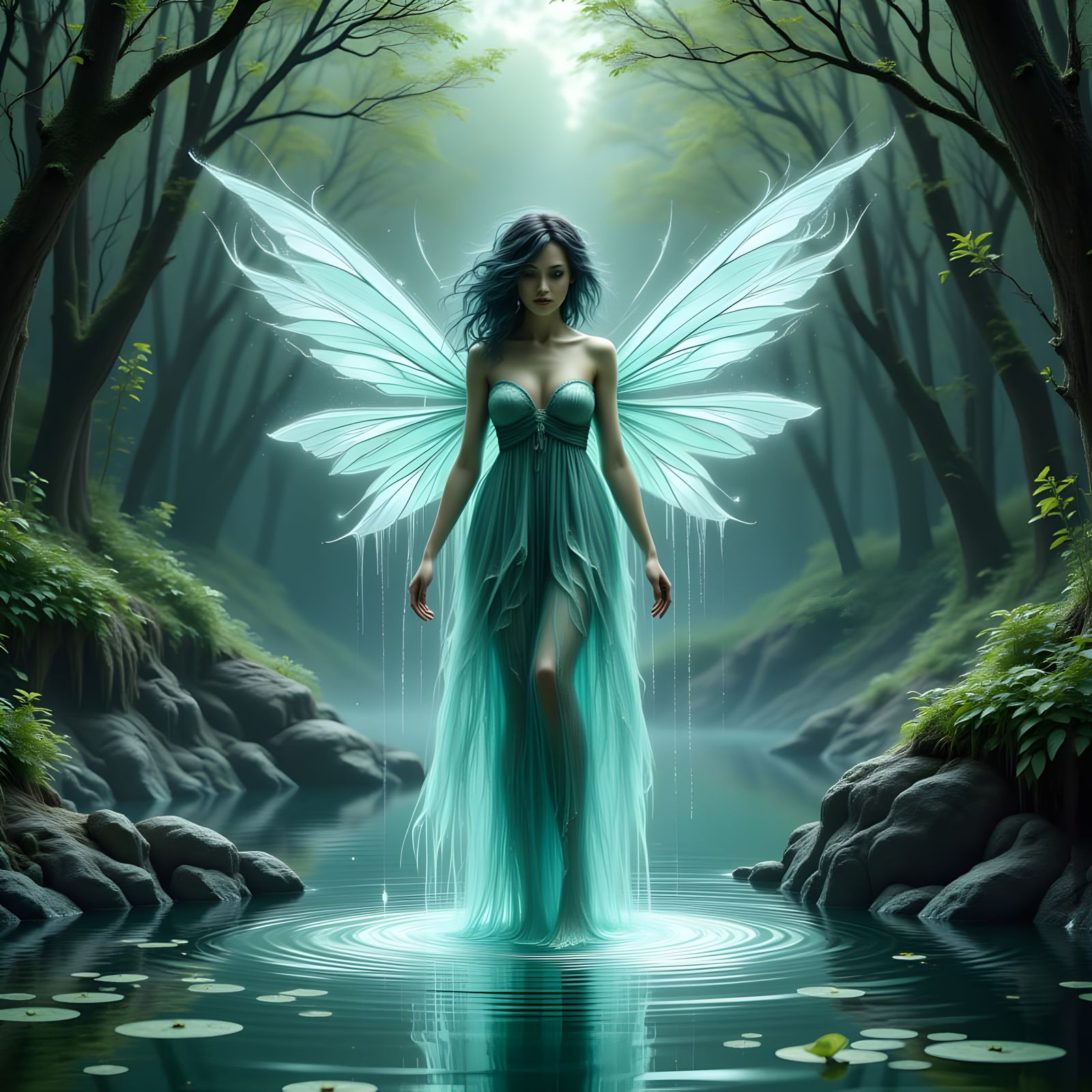 Ethereal Water Fairy in Art Nouveau Style