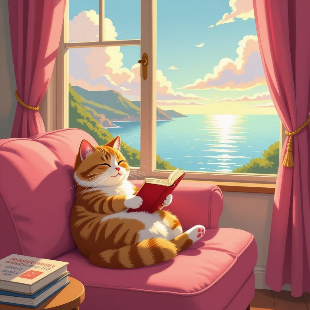Cat Reading Book on Pink Couch, Dreamy Sea View