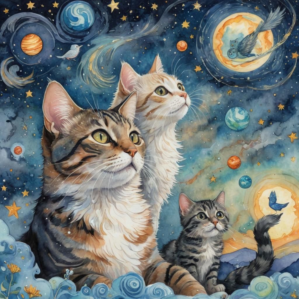 Mystical Cats Gaze at Starry Sky, Watercolor Illustration