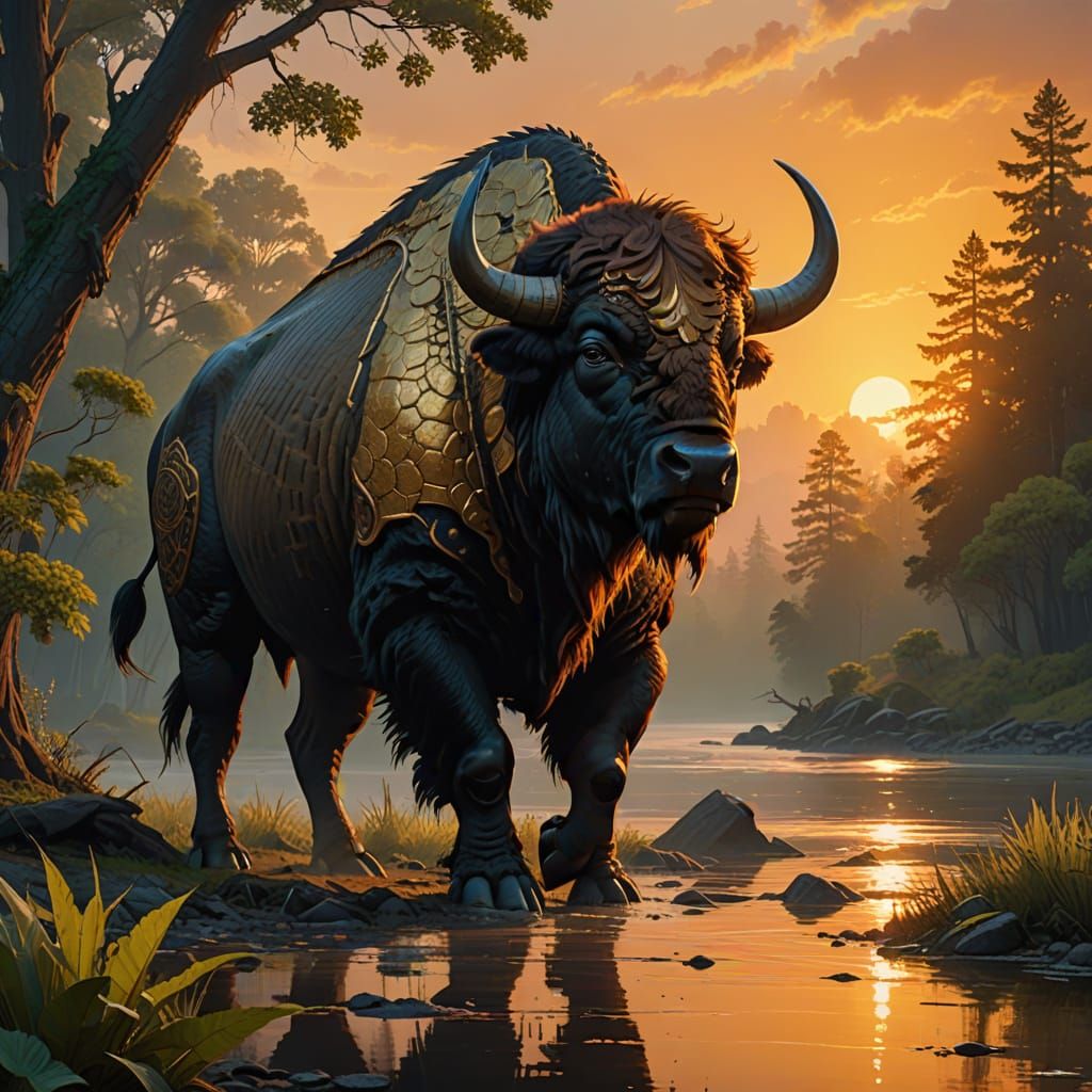 Majestic, Mythical Bison-Crocodile Stands at Forest Riverban...