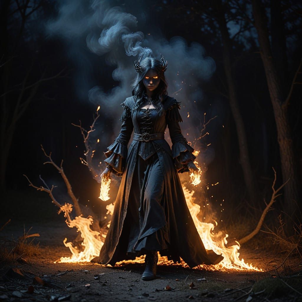 Powerful Young Witch Unleashes Fiery Magic in the Night