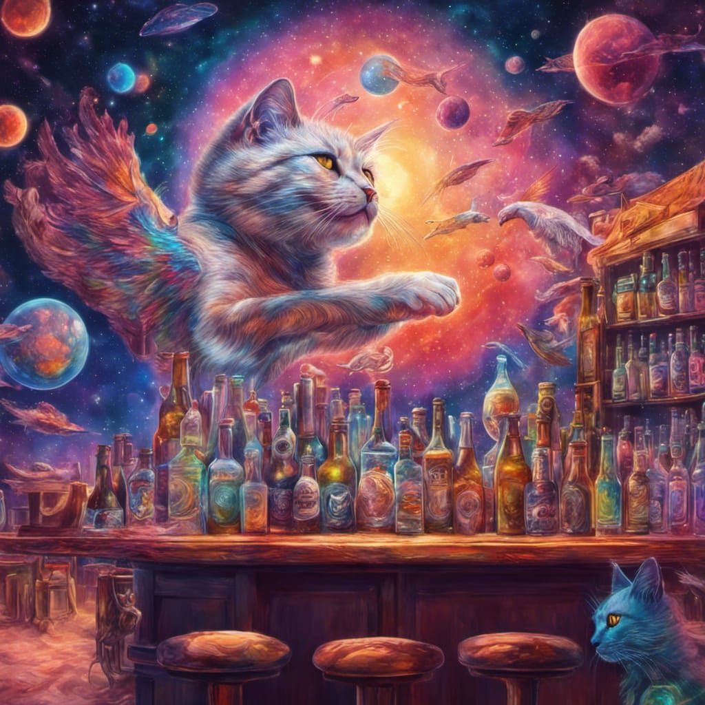 Flying Cats at Bar, Holographic Astral Illustration