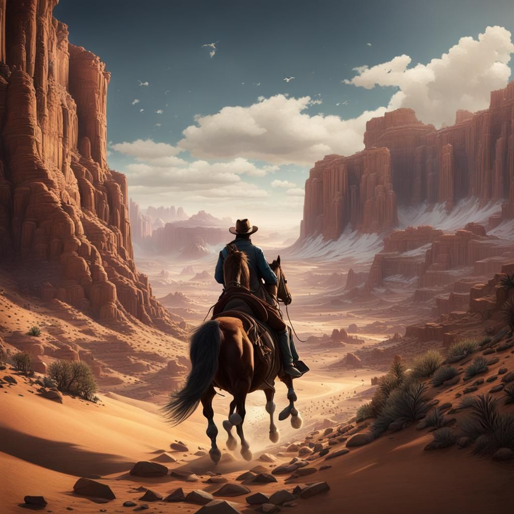 Cowboy and Horse at Desert Mine Entrance