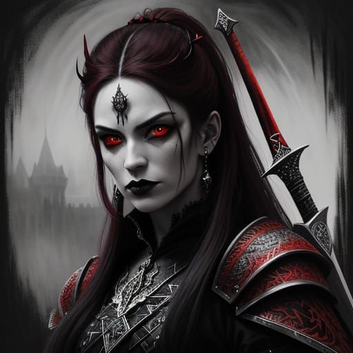 Gothic Warrior Queen Portrait in Colored Pencil Style