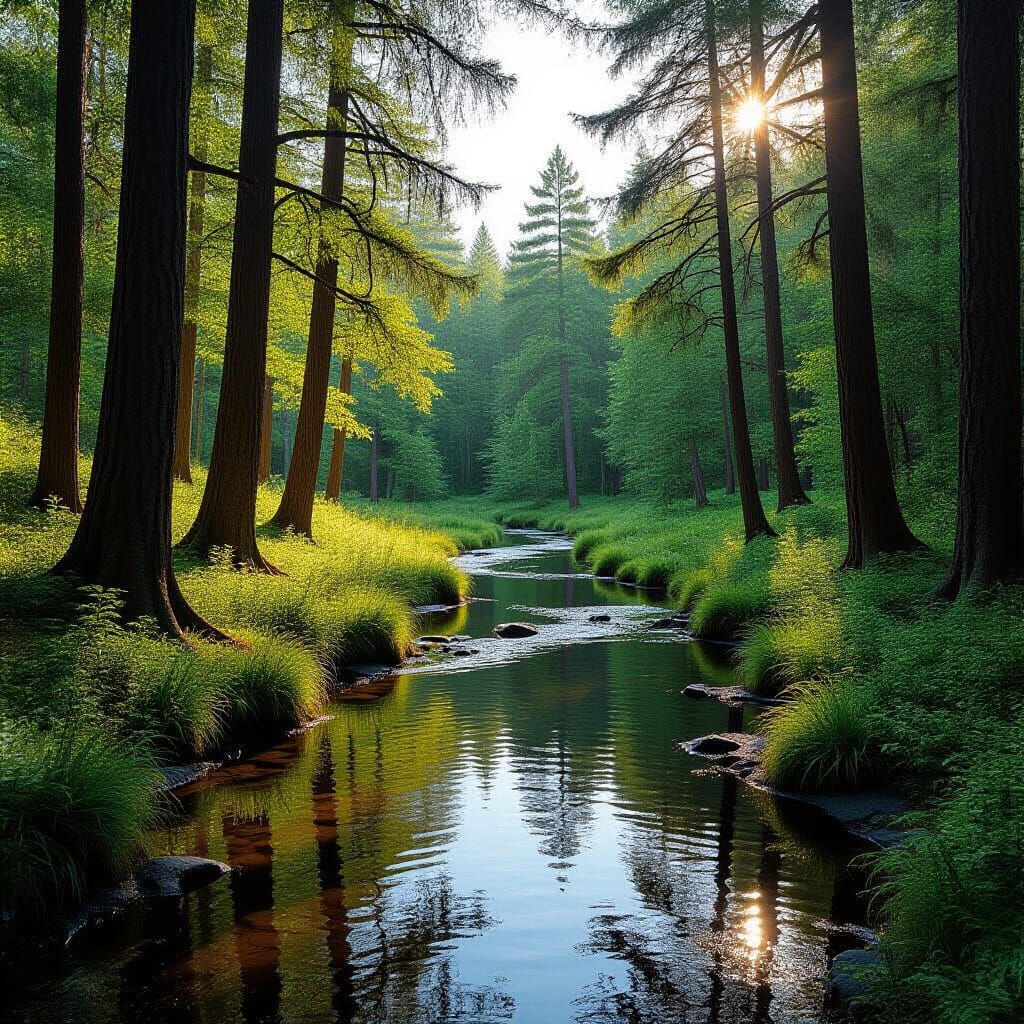 Serene Creek Flowing Through Woodland Clearing