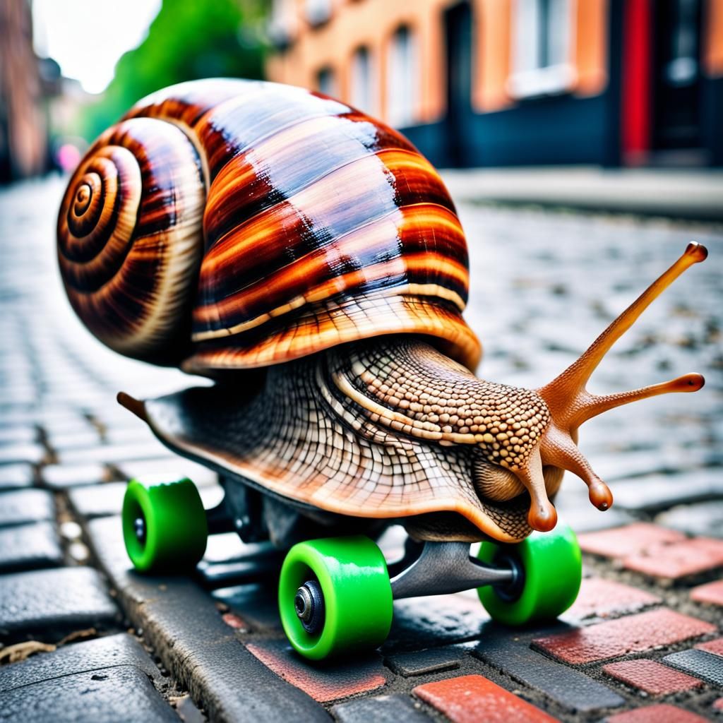 Snail on Roller Skate: Hyperrealistic Whimsical Scene