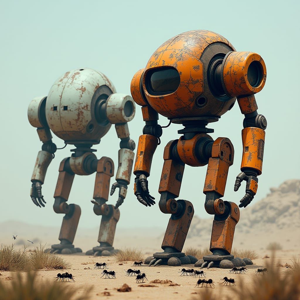 Massive War Robots Repaired in Post-Apocalyptic Landscape