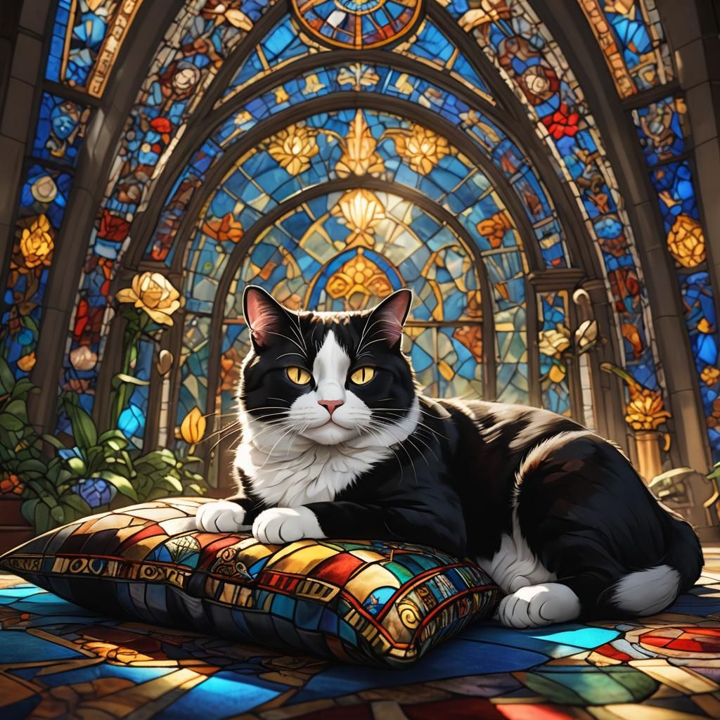 Realistic Tuxedo Cat Sunlight Nap in Detailed Matte Painting