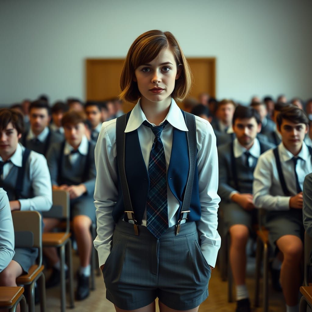 Sheepish Teen Girl Surrounded by Rowdy Boys in a 35mm Film-I...