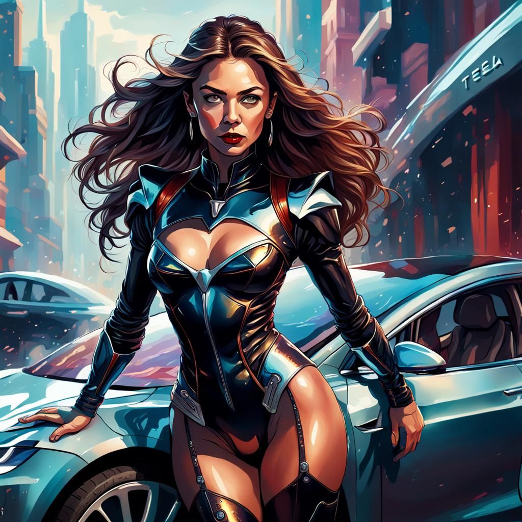 Beautiful Woman on Tesla: Hyperrealistic Splash Art