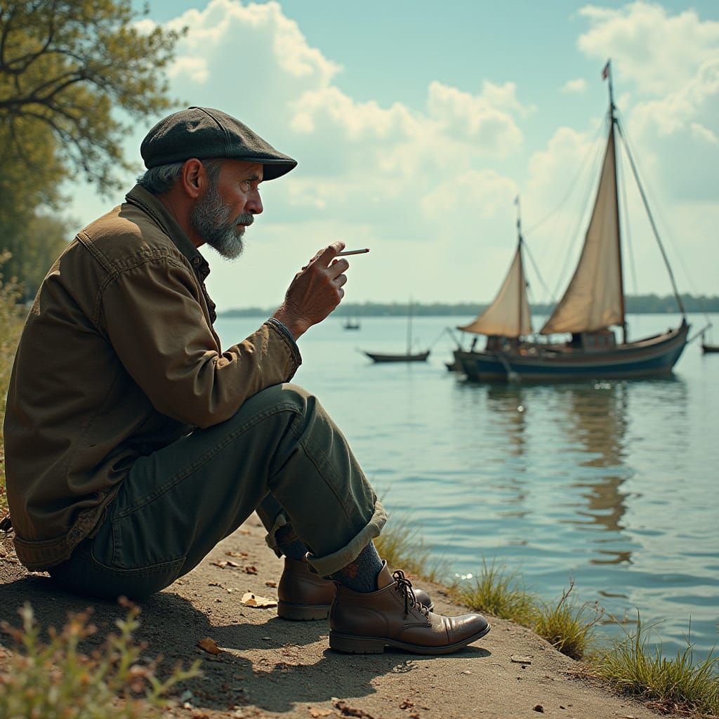 Homeless Man Contemplates River Scene in Photorealistic Styl...