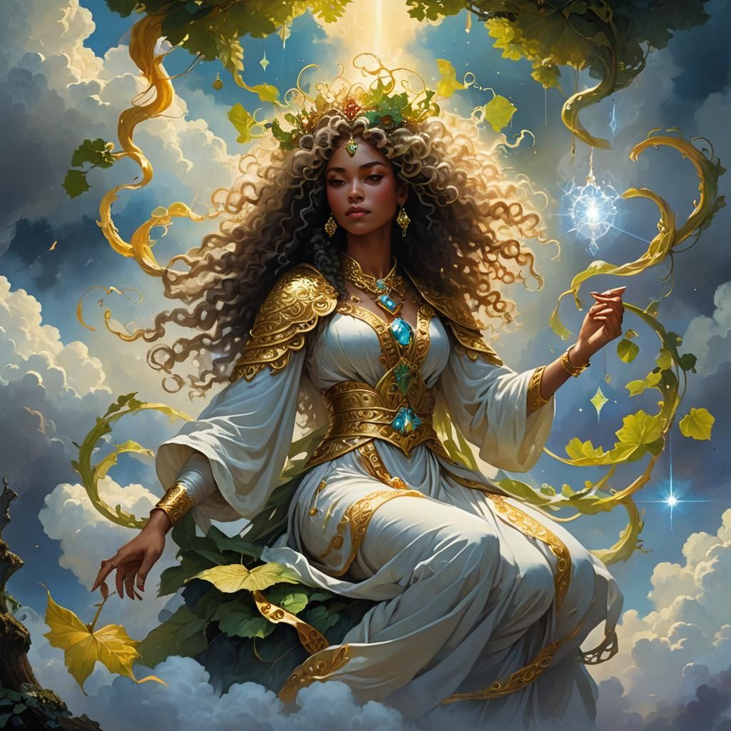 Goddess on Vaporous Cloud in Hyperdetailed Illustration
