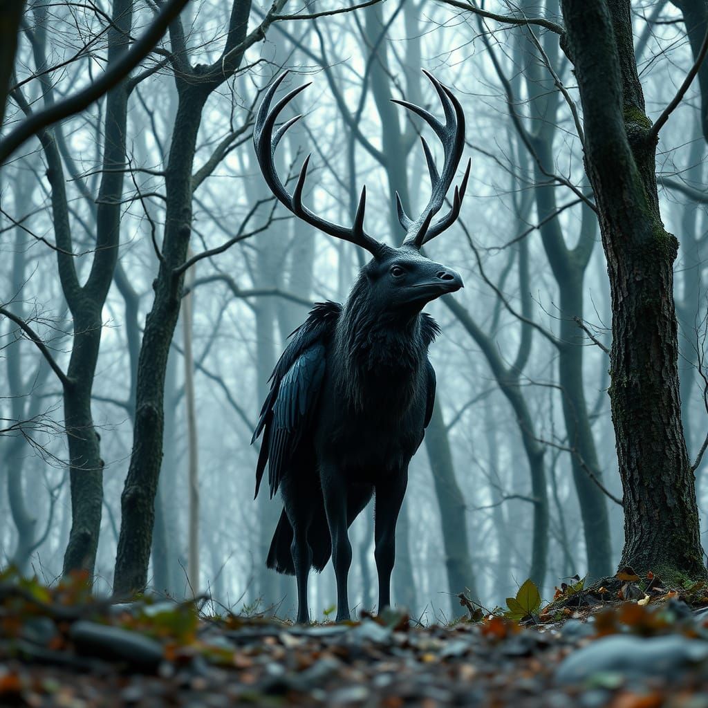 Photorealistic Deer-Crow Hybrid in Deep Forest
