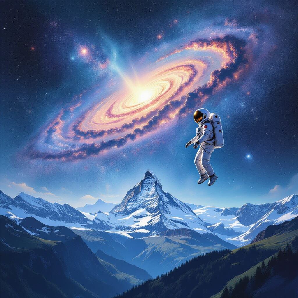 Astronaut Gazes at Galaxy Above Swiss Alps in Surreal Cosmic...
