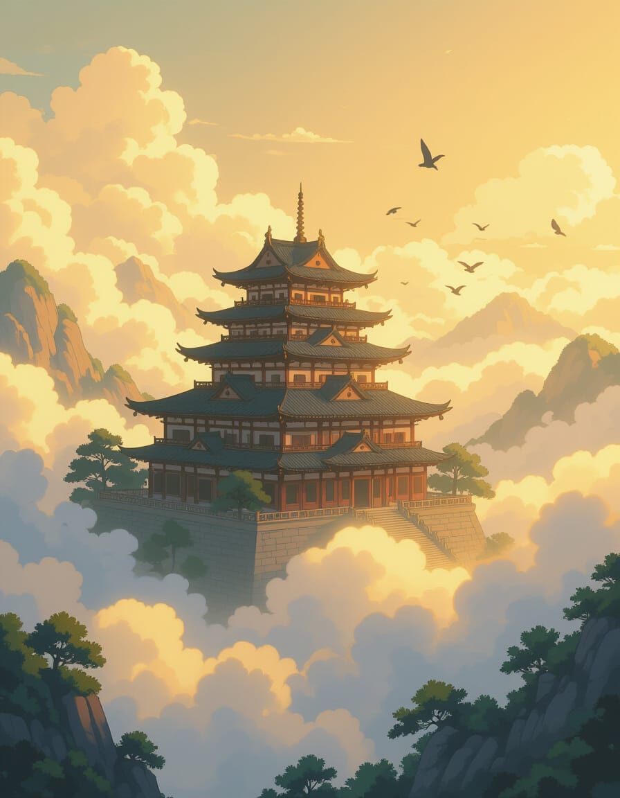 Ethereal Sky Temple in Vintage Anime Style