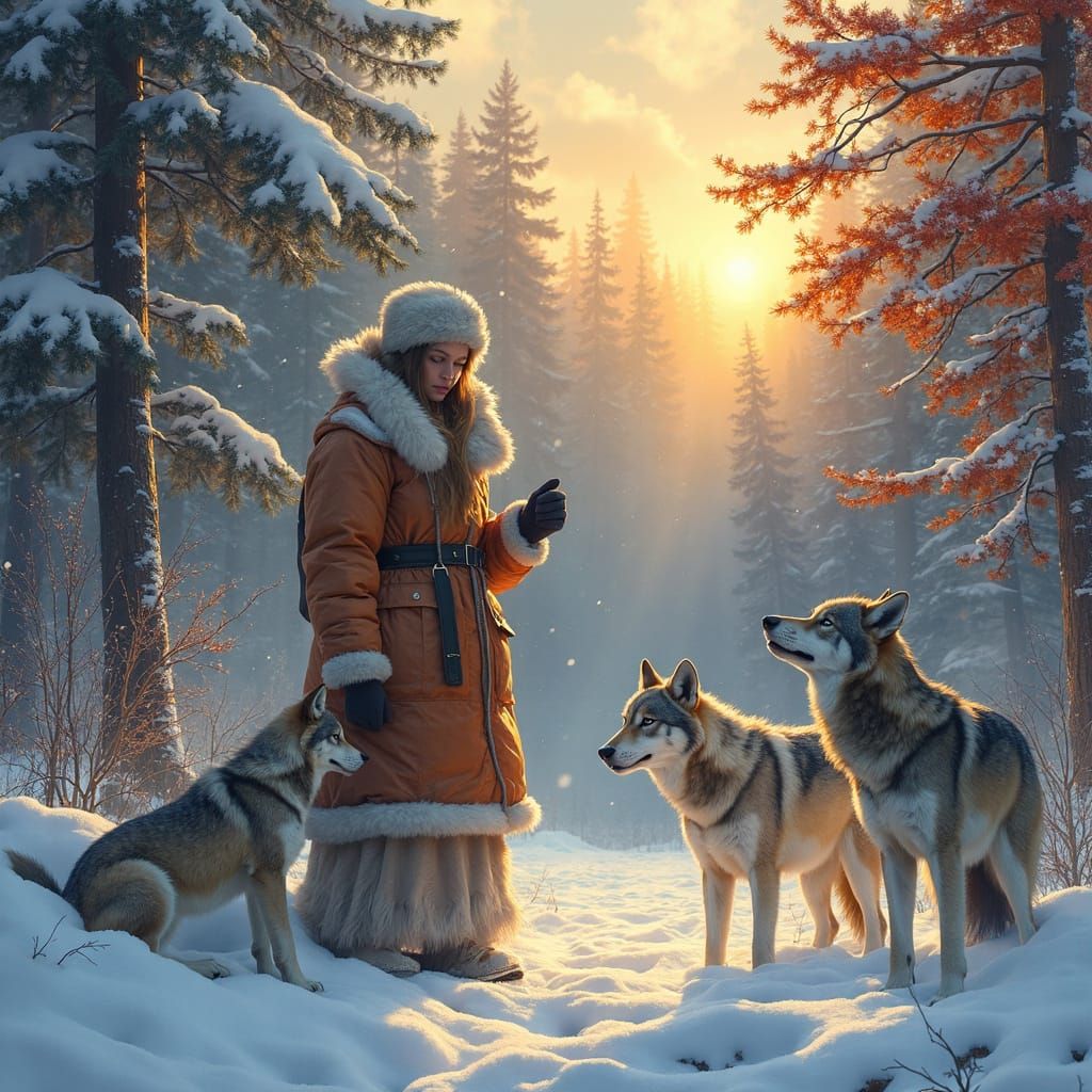 Alaska Snow Princess with Wolves at Sunrise