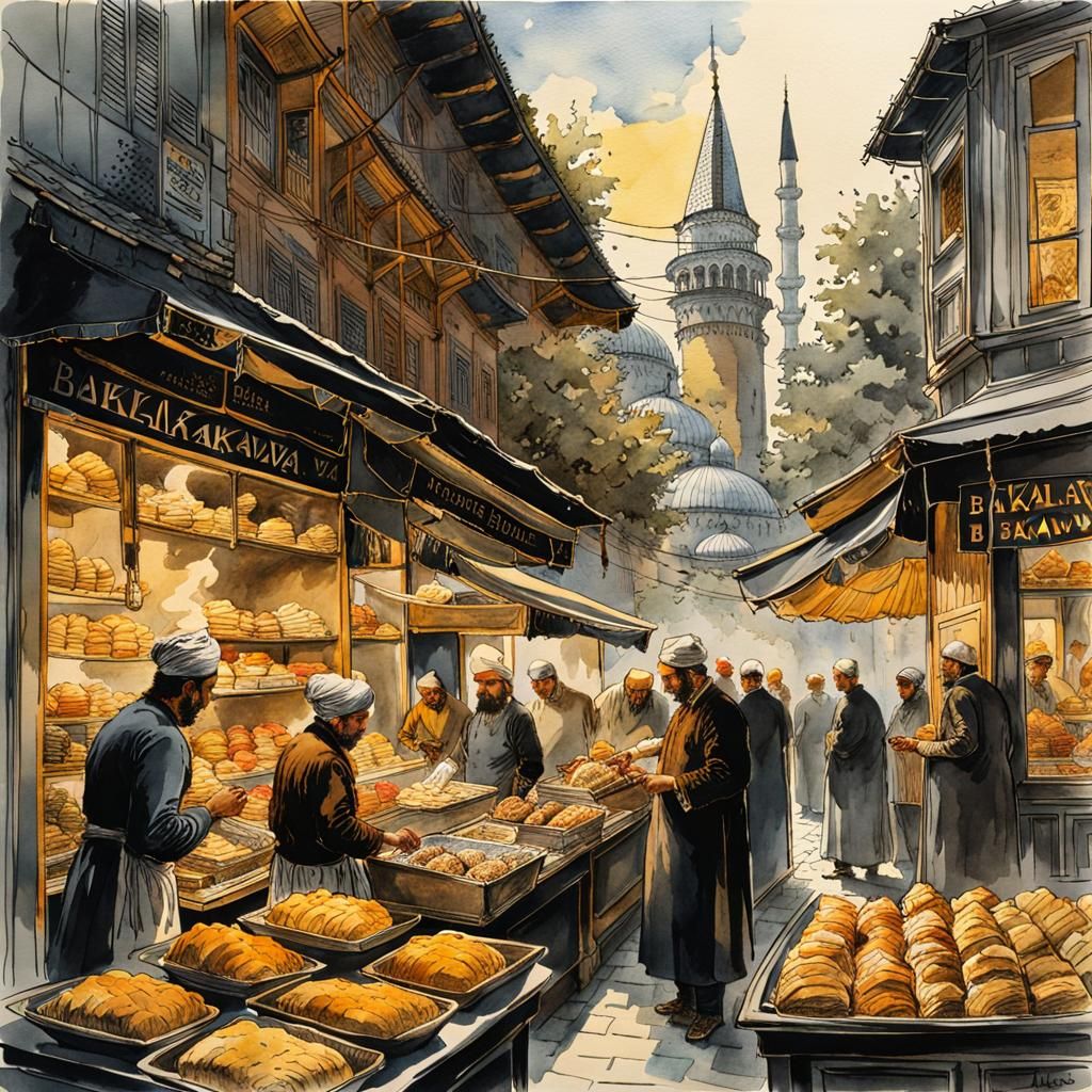 Eating Baklava in Istanbul: Watercolor and Ink