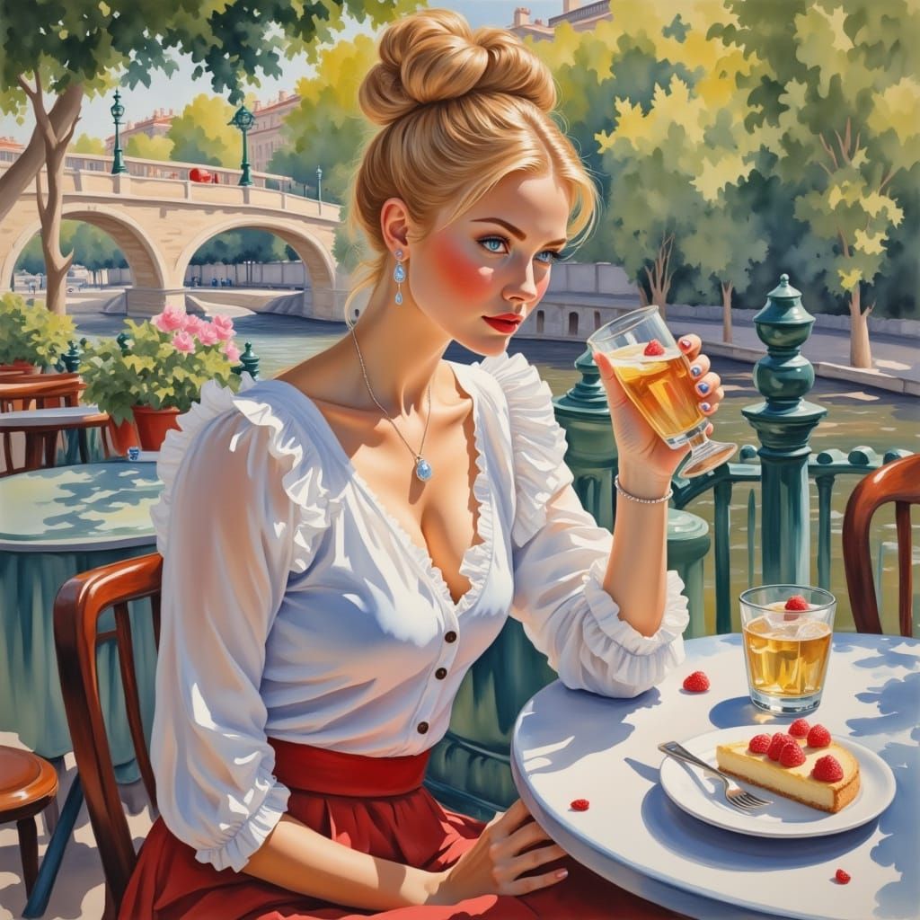 Woman Enjoys Cake at Terrace Bar in Golden Hour Glow