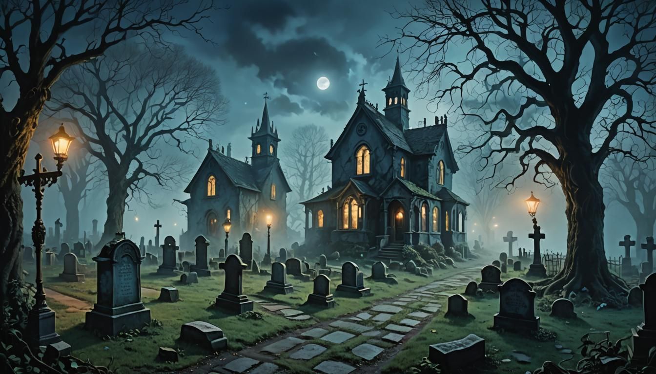 Ethereal Graveyard Path to Overgrown House: Surreal Mixed Me...