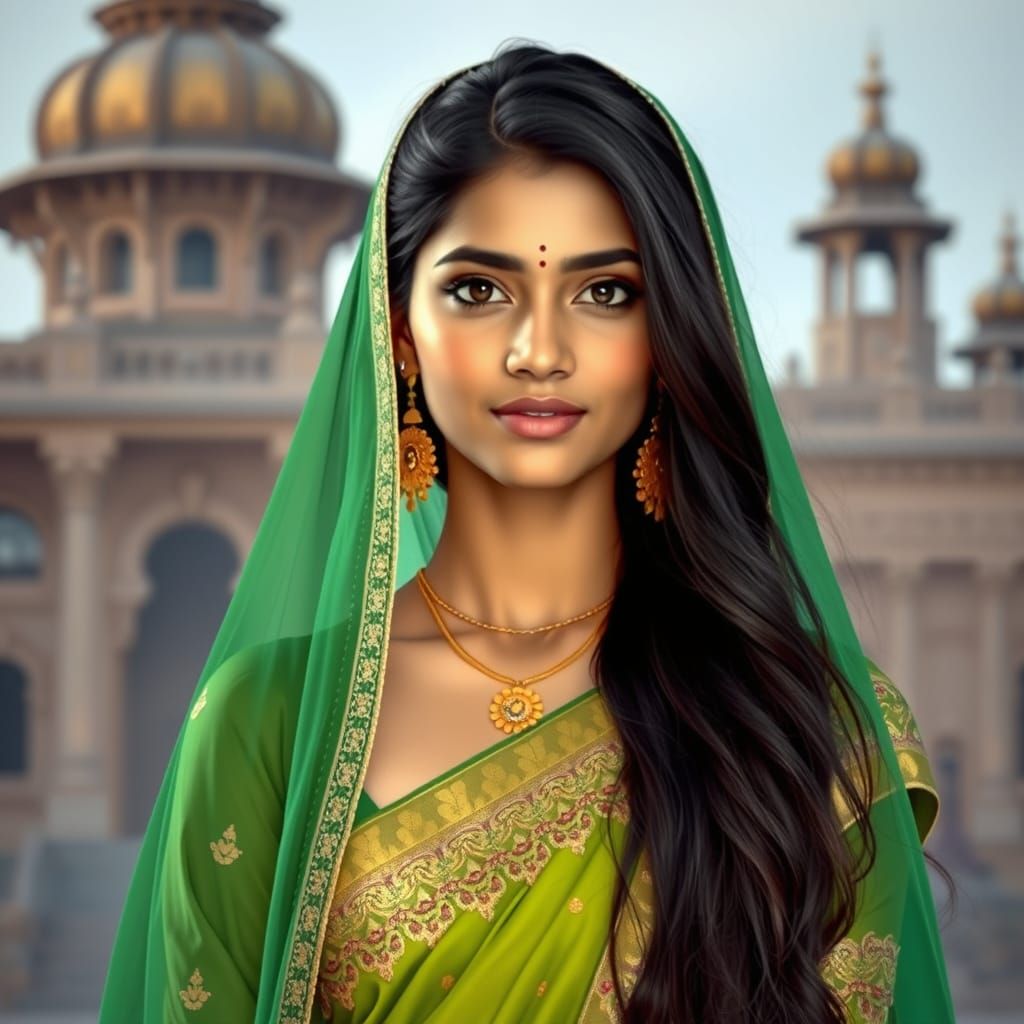 Indian Princess in Green Silk Sari
