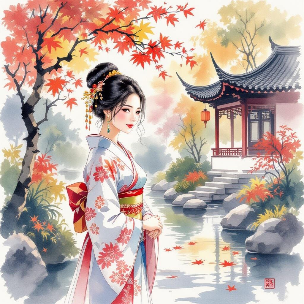 Asian Woman in Chinese Garden Autumn Watercolor