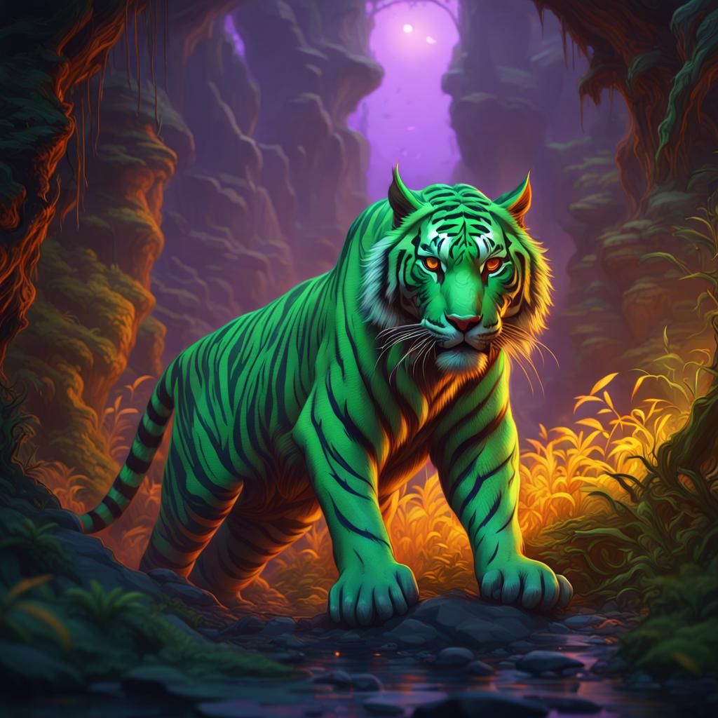 Green Tiger with Orange Stripes in Dark Fantasy