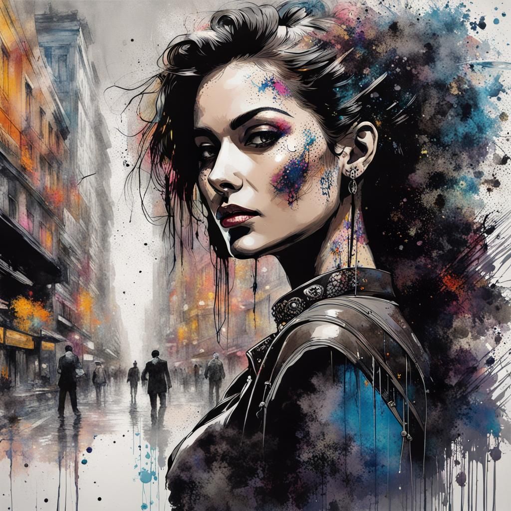 Ink Splatter Portrait in Cyberpunk Cityscape