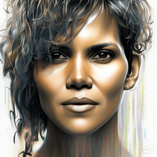 Halle Berry Crayon Portrait in Art Nouveau Style