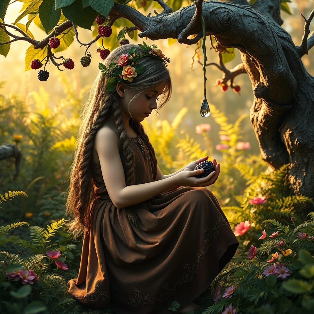 Whimsical Garden Scene with Dwarf Girl and Blackberry