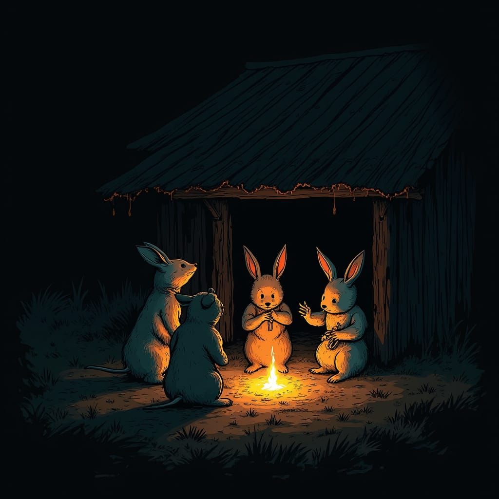 Minimalist Line Art: Animals Perform Rituals in Barn