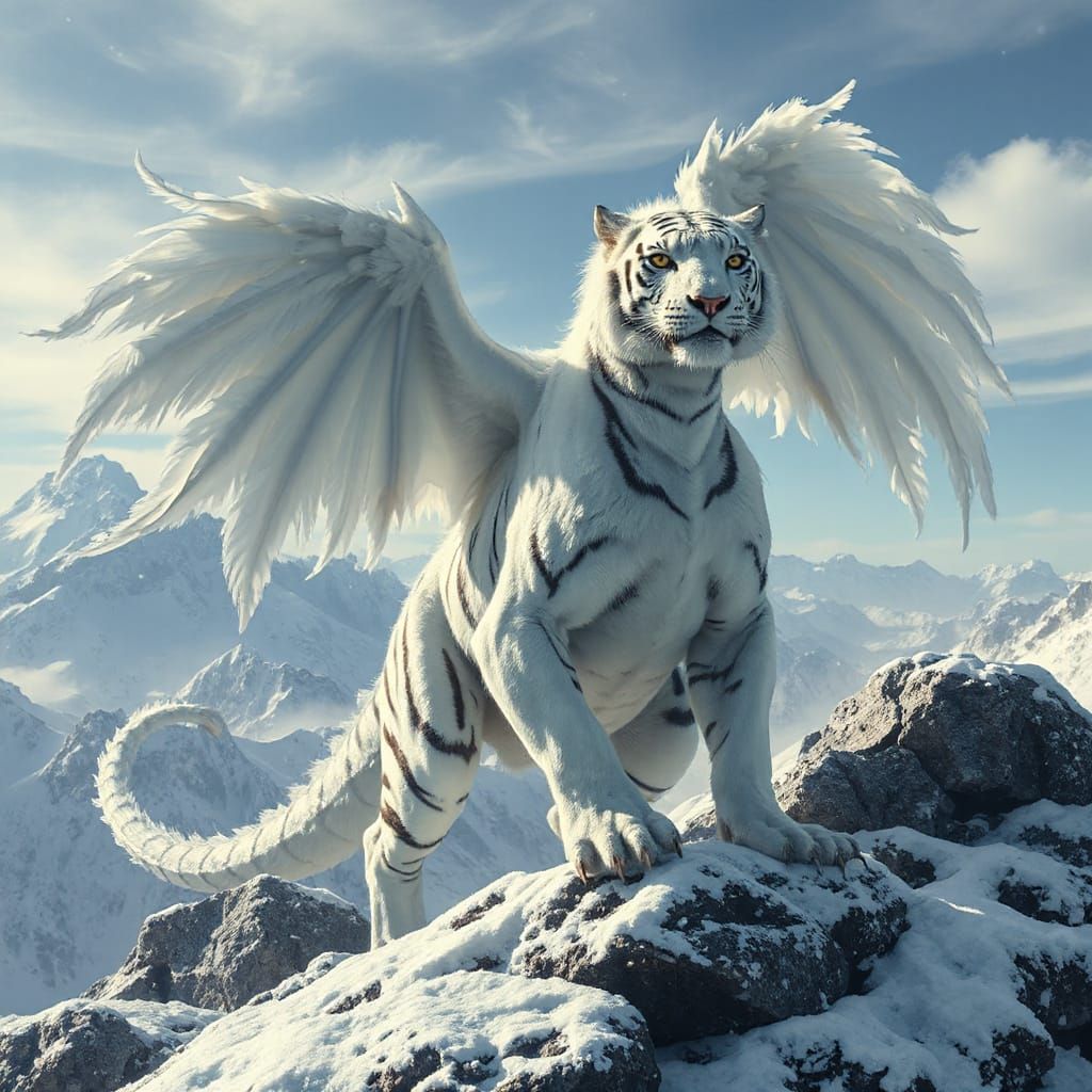Majestic White Tiger-Dragon Hybrid in Snowy Mountains