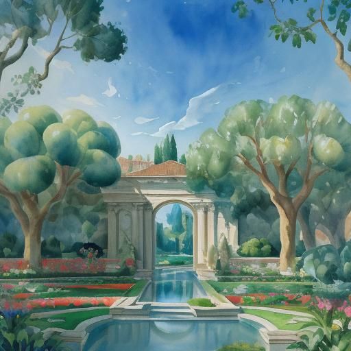 Impressionist Marble Columns and Lemon Trees in Gouache