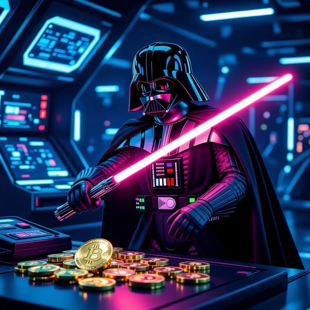 Darth Vader Steals 8bit Arcade Graphic in Neon-Lit Cyberpunk...