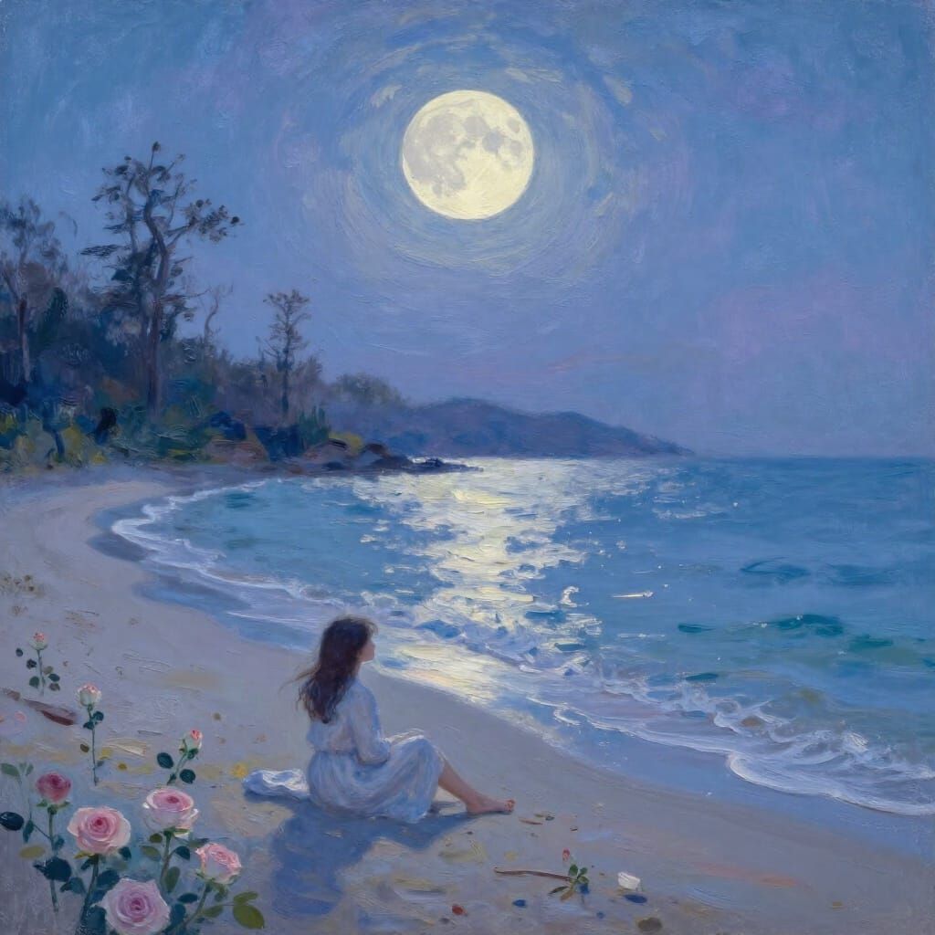 Dreamy Moonlit Beach Scene with Solitary Girl