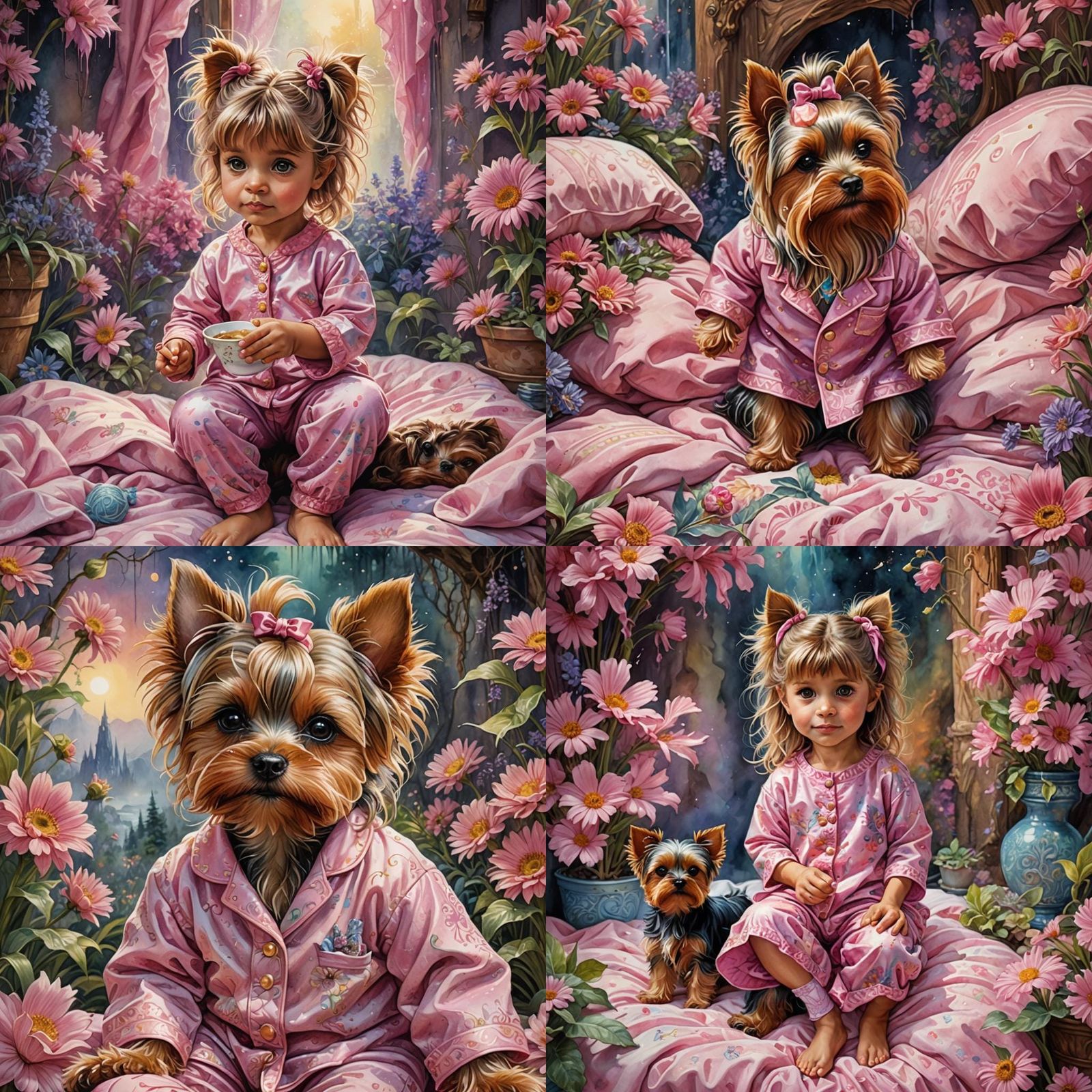 Watercolor Girl with Yorkie in Pastel Tones