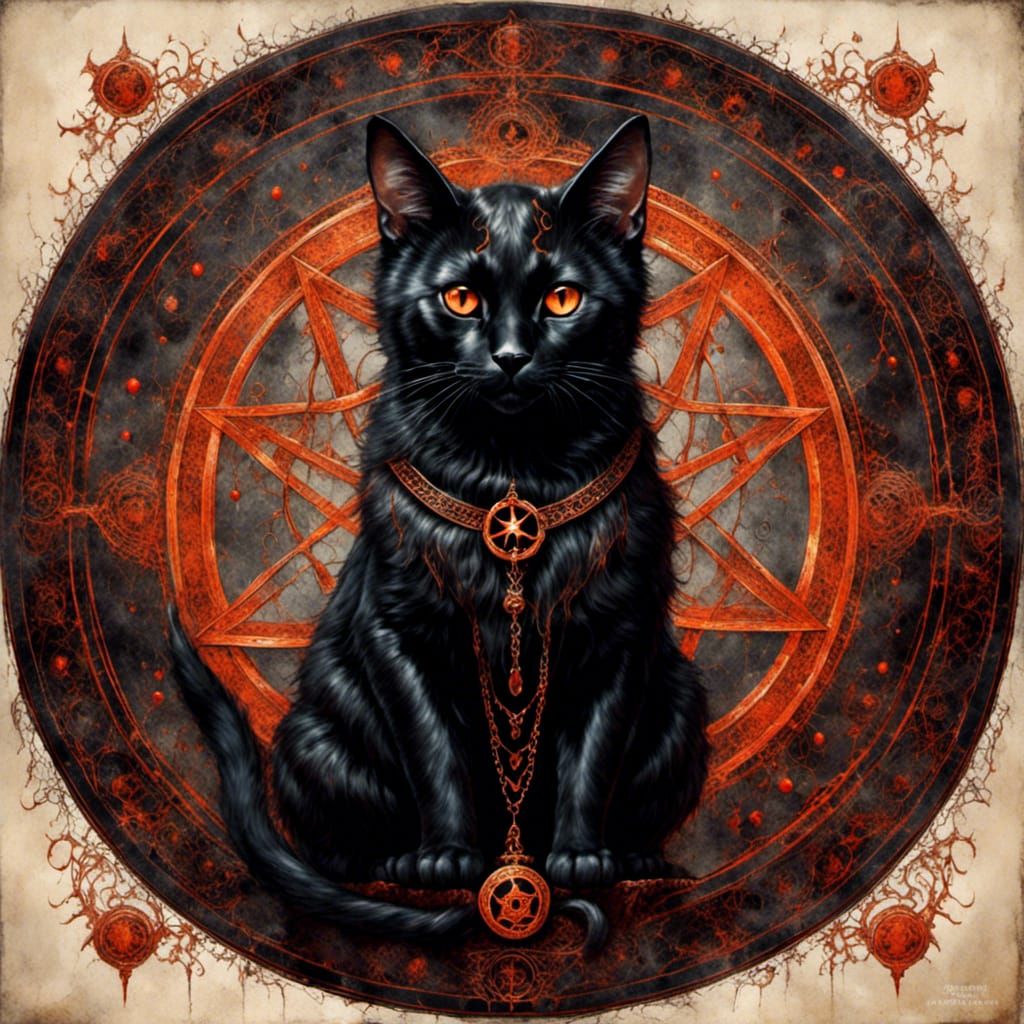 Demonic Horned Cat Mandala in Oil Painting Style